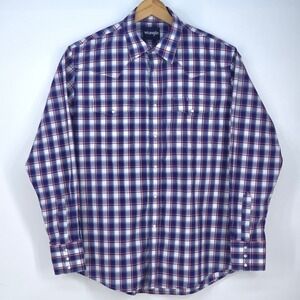WRANGLER Western Plaid Shirt Mens Large Blue Pearl Snap Long Sleeve Rodeo Cowboy